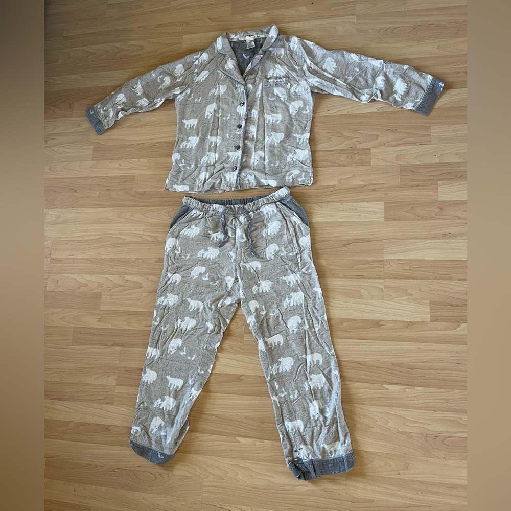 munki munki Beige Poler Bear Print Pajama Set with Gray Trim
